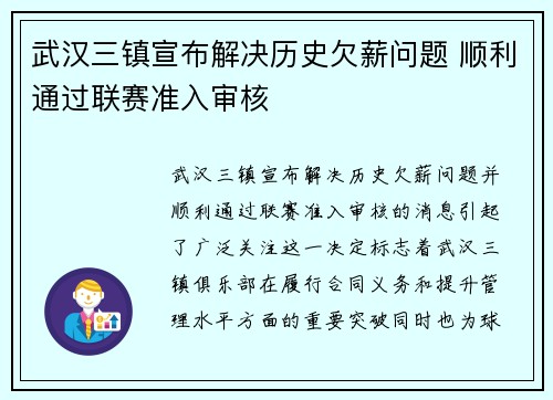 武汉三镇宣布解决历史欠薪问题 顺利通过联赛准入审核